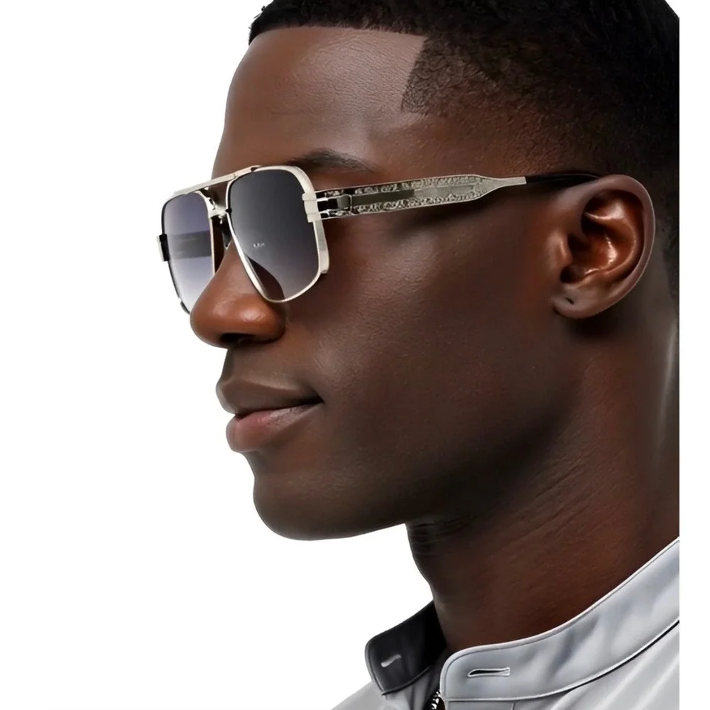 Mens Silver Square Aviator‎ Sunglasses Smoke Gradient Lens Engraved Metal Frame